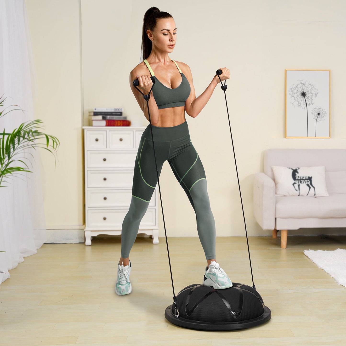 Half Exercise Ball Trainer, 23 inch Balance Ball Trainer, 660 lbs Capacity Stability Ball, Yoga Ball with Resistance Bands and Pump, Strength Fitness Ball for Home Gym, Full Body Workouts, Black