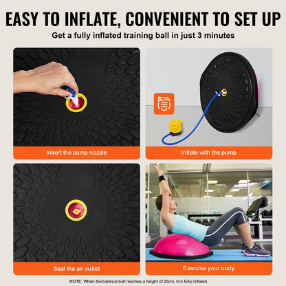 Half Exercise Ball Trainer, 26 inch Balance Ball Trainer, 1500lbs Capacity Stability Ball, Yoga Ball with Resistance Bands & Foot Pump, Strength Fitness Ball for Home Gym Full Body Workout, Pink