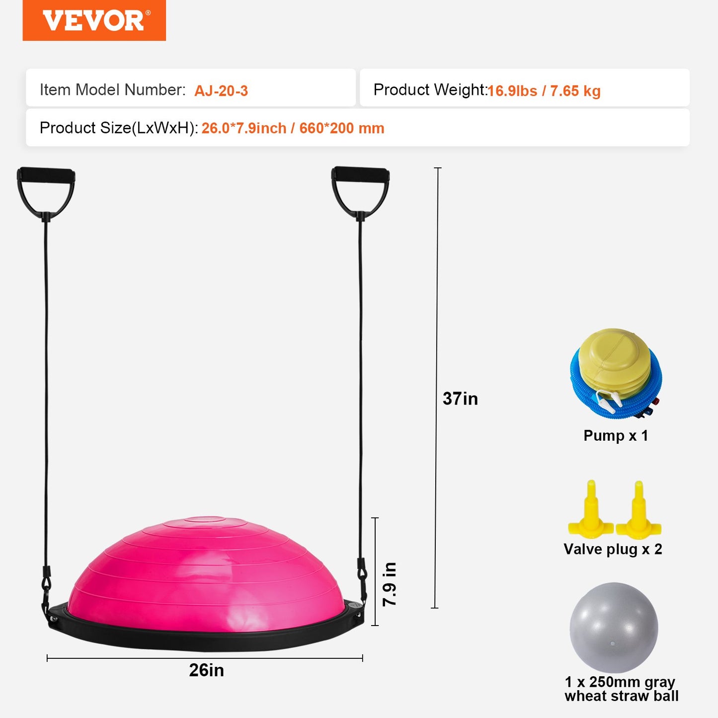 Half Exercise Ball Trainer, 26 inch Balance Ball Trainer, 1500lbs Capacity Stability Ball, Yoga Ball with Resistance Bands & Foot Pump, Strength Fitness Ball for Home Gym Full Body Workout, Pink