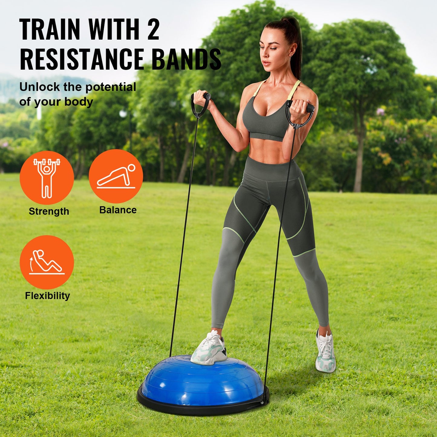 Half Exercise Ball Trainer, 26 inch Balance Ball Trainer, 1500lbs Capacity Stability Ball, Yoga Ball with Resistance Bands & Foot Pump, Strength Fitness Ball for Home Gym Full Body Workout, Blue
