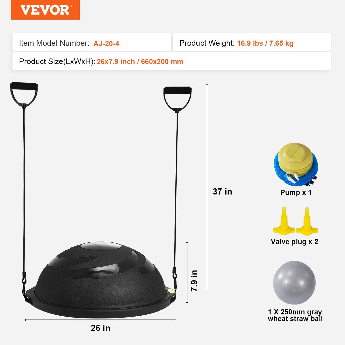 Half Exercise Ball Trainer, 26 inch Balance Ball Trainer, 1500lbs Capacity Stability Ball, Yoga Ball with Resistance Bands & Foot Pump, Strength Fitness Ball for Home Gym Full Body Workout Black