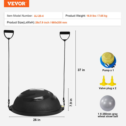 Half Exercise Ball Trainer, 26 inch Balance Ball Trainer, 1500lbs Capacity Stability Ball, Yoga Ball with Resistance Bands & Foot Pump, Strength Fitness Ball for Home Gym Full Body Workout Black