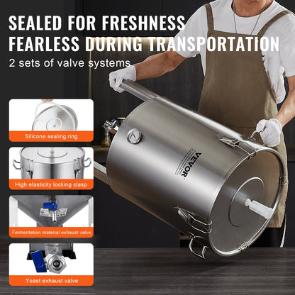 304 Stainless Steel Kettle, 60 L Beer Brew Fermentor, Brew Bucket Fermentor for Brewing, Home Brewing Supplies with Base, Kettle Stock Pot Includes Lid, Handle, Valve, Spigot, Thermometer