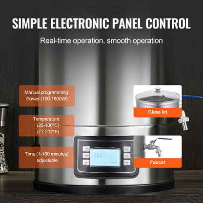 Electric Brewing System, 8 GALLON/30.3 L Brewing Stock Pot, All-in-One Home Beer Brewer, 304 Stainless Steel Brewing Supplies with Panel, Includes Glass Lid, Handle, Spigot, Electronic Panel Control