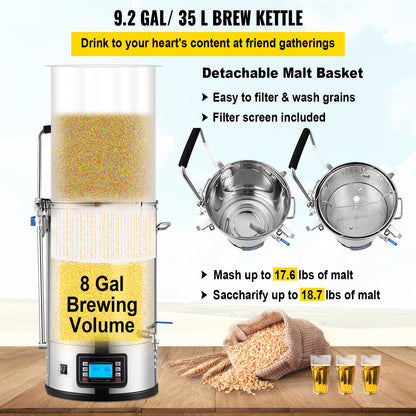 Elektriskt bryggsystem, 8 gallon/30 l, allt-i-ett-bryggare för hemmabruk med auto/manuellt läge, mäskkokningsenhet med 100-2500 W effekt, 25-100 ℃ temperatur, 1-180 min timer, cirkulationspump, receptminne, 2