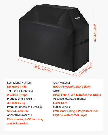 Grillöverdrag, 58 tums grillöverdrag för utomhusgrillar, vattentätt, blekningsbeständigt, väderbeständigt, kraftigt 600D polyester, enkelt på och av, med kardborreband, svart