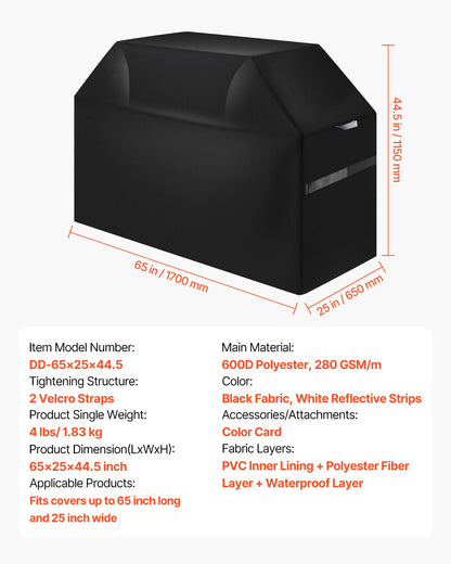 Grill Cover, 65 inch BBQ Covers for Outdoor Grills, Waterproof, Fade Resistant, Weather Resistant Heavy Duty 600D Polyester, Easy On/Off, with Hook-and-Loop Straps, Black