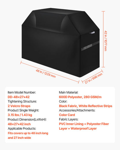 Grill Cover, 48 inch BBQ Covers for Outdoor Grills, Waterproof, Fade Resistant, Weather Resistant Heavy Duty 600D Polyester, Easy On/Off, with Hook-and-Loop Straps, Black