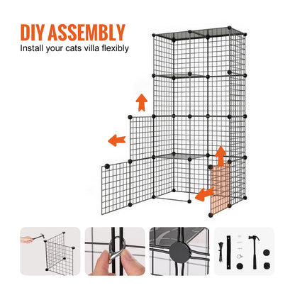 Large 3-tier Cat Cage, 28 x 28 x 41", DIY Detachable Metal Wire Durable Cat Enclosure, with Large Hammock 2 Ramp Ladders, Fit for Cats Exercise Indoor ＆ Outdoor, Ease of Assembly, Black