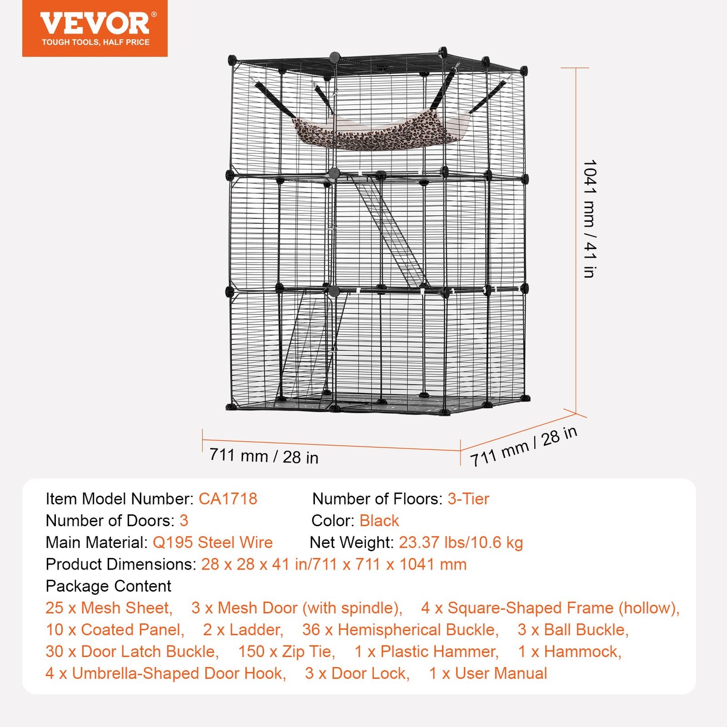 Large 3-tier Cat Cage, 28 x 28 x 41", DIY Detachable Metal Wire Durable Cat Enclosure, with Large Hammock 2 Ramp Ladders, Fit for Cats Exercise Indoor ＆ Outdoor, Ease of Assembly, Black