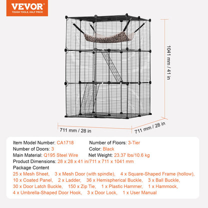 Large 3-tier Cat Cage, 28 x 28 x 41", DIY Detachable Metal Wire Durable Cat Enclosure, with Large Hammock 2 Ramp Ladders, Fit for Cats Exercise Indoor ＆ Outdoor, Ease of Assembly, Black
