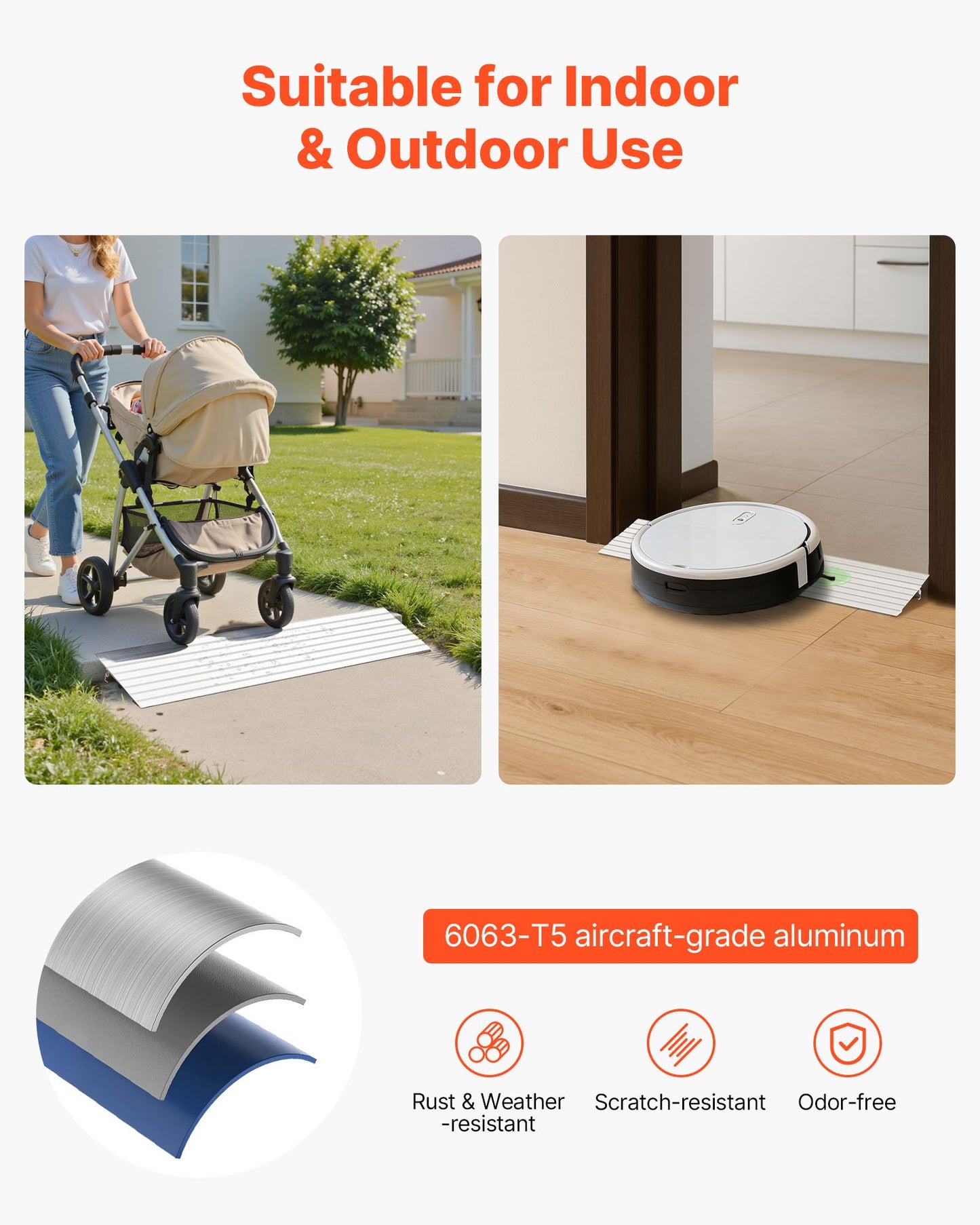 Door Threshold Ramp, 26 mm Rise, Aluminum Alloy Threshold Ramp Rated 363 kg Load Capacity, Handicap Ramps for Home Steps for Wheelchair, Scooters, Power Chairs, Walkers, Bicycle, Tricycle
