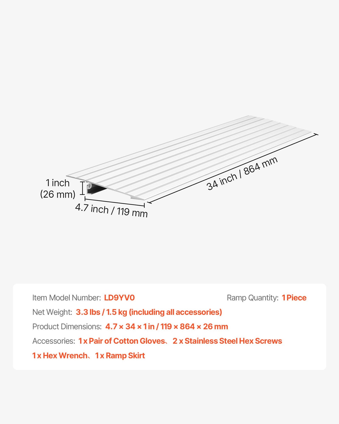 Door Threshold Ramp, 26 mm Rise, Aluminum Alloy Threshold Ramp Rated 363 kg Load Capacity, Handicap Ramps for Home Steps for Wheelchair, Scooters, Power Chairs, Walkers, Bicycle, Tricycle