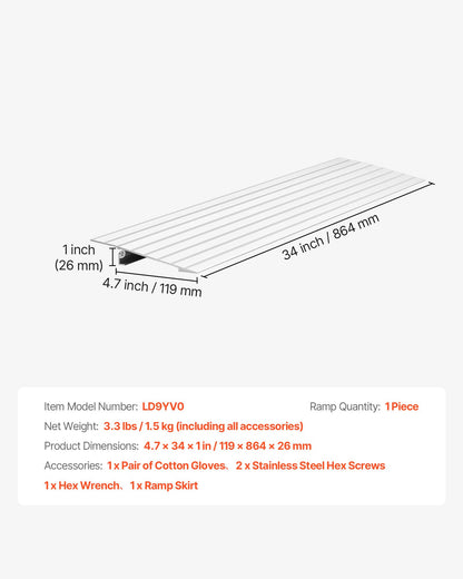 Door Threshold Ramp, 26 mm Rise, Aluminum Alloy Threshold Ramp Rated 363 kg Load Capacity, Handicap Ramps for Home Steps for Wheelchair, Scooters, Power Chairs, Walkers, Bicycle, Tricycle