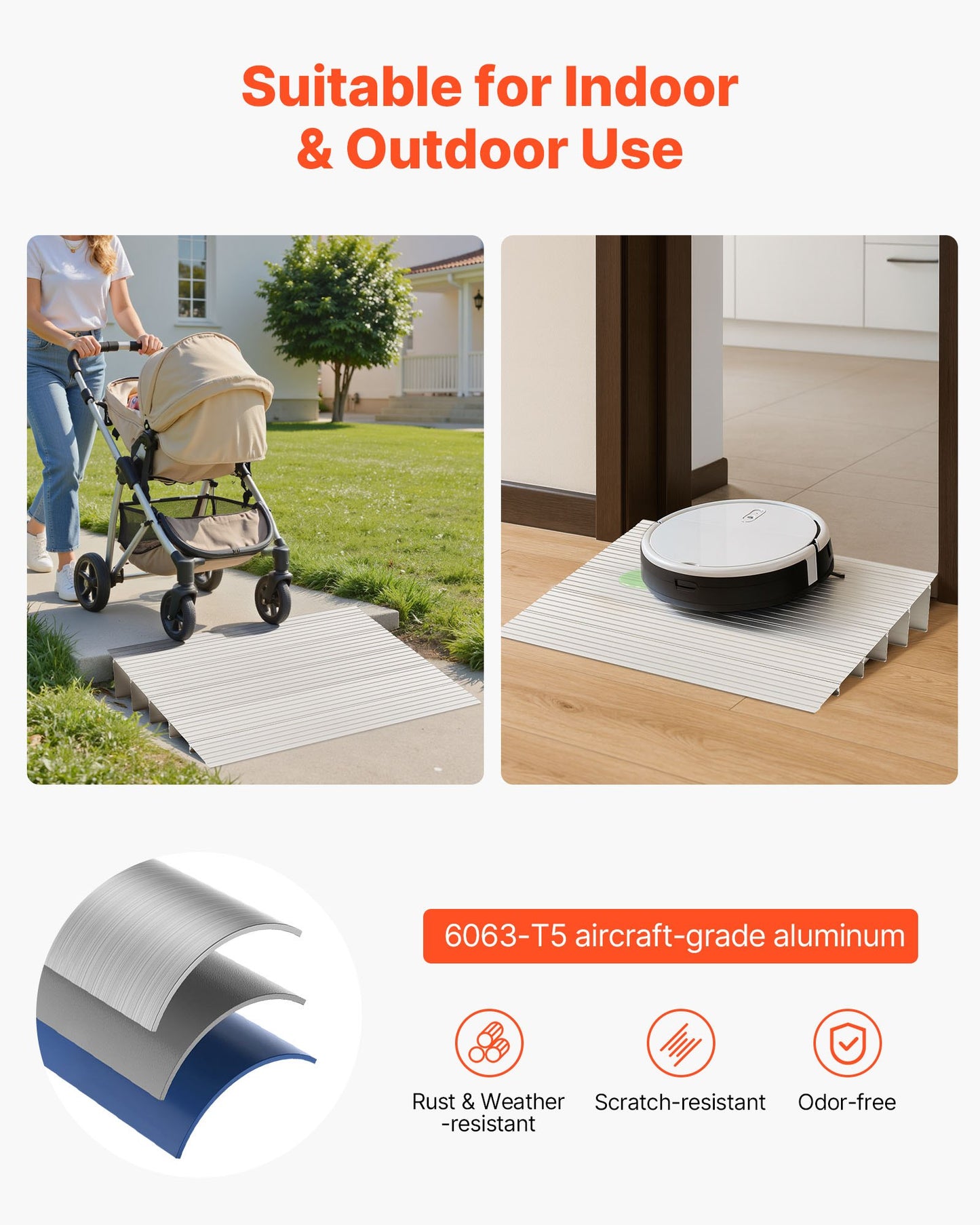 Door Threshold Ramp, 138 mm Rise, Aluminum Alloy Threshold Ramp Rated 363 kg Load Capacity, Handicap Ramps for Home Steps for Wheelchair, Scooters, Power Chairs, Walkers, Bicycle, Tricycle