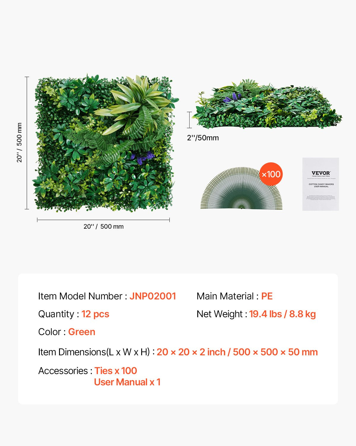 Artificial Grass Wall Panels, 12 PCS 20 x 20 inch, 3D Combination Greenery Boxwood Panel for Indoor Outdoor Green Decor & Ivy Fence Covering, Privacy Backdrop Wall Hedge Screen for Garden