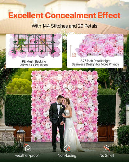 3D Flower Wall Panel, 12 PCS 15 x 15 inch, Artificial Floral Wall Background Mesh Backing Mat,Seamless Design&Easy Installation for Wedding Valentines Day Home Baby Party Backdrop Decor,Pink