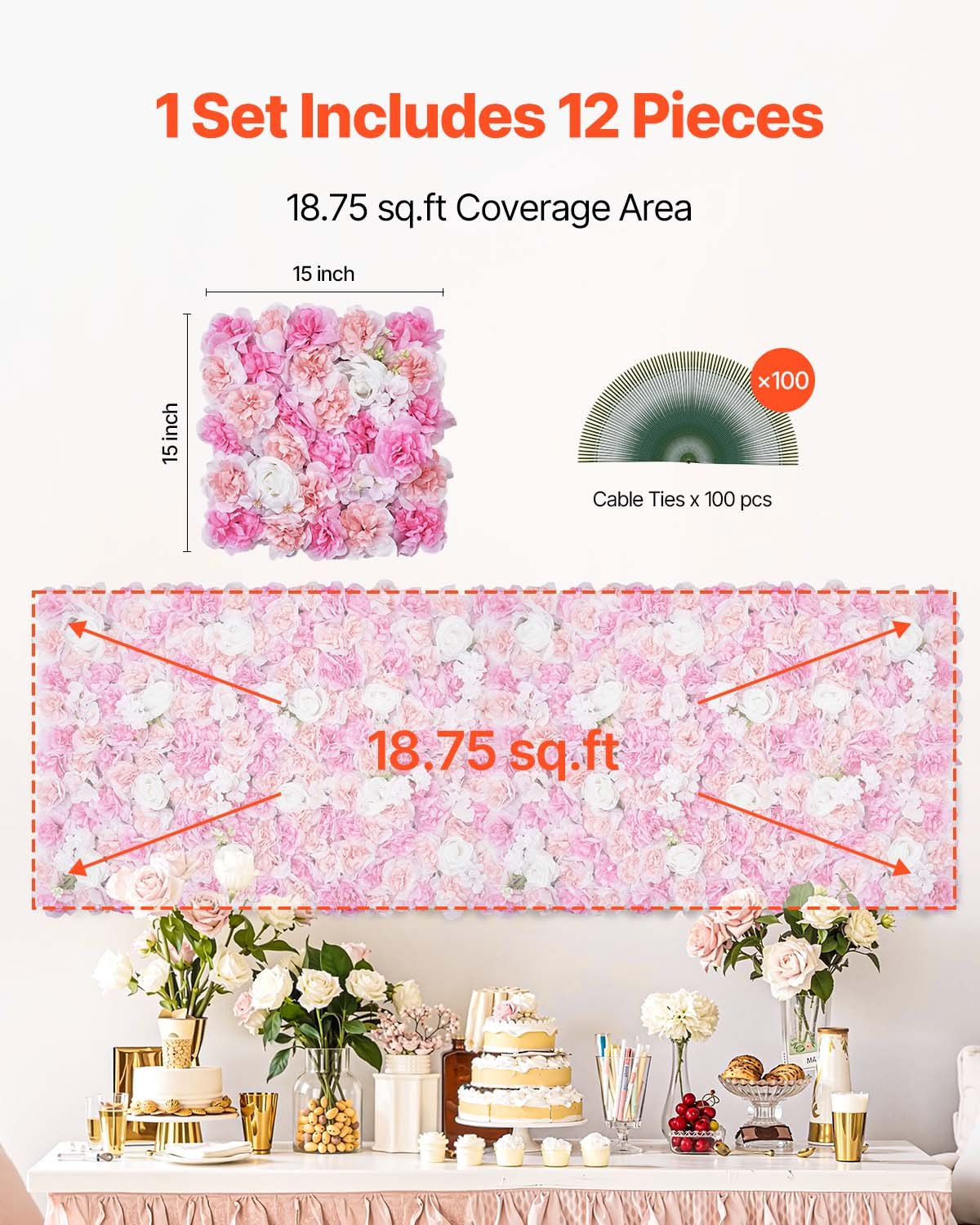 3D Flower Wall Panel, 12 PCS 15 x 15 inch, Artificial Floral Wall Background Mesh Backing Mat,Seamless Design&Easy Installation for Wedding Valentines Day Home Baby Party Backdrop Decor,Pink