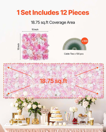 3D Flower Wall Panel, 12 PCS 15 x 15 inch, Artificial Floral Wall Background Mesh Backing Mat,Seamless Design&Easy Installation for Wedding Valentines Day Home Baby Party Backdrop Decor,Pink
