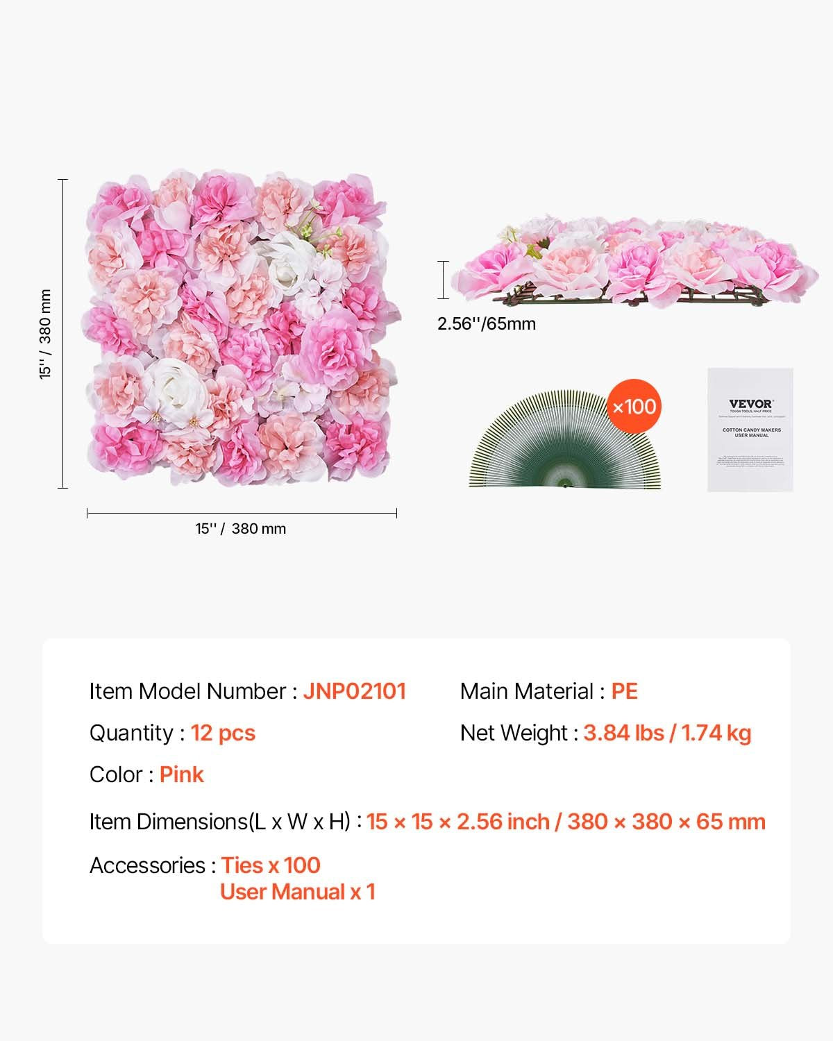 3D Flower Wall Panel, 12 PCS 15 x 15 inch, Artificial Floral Wall Background Mesh Backing Mat,Seamless Design&Easy Installation for Wedding Valentines Day Home Baby Party Backdrop Decor,Pink