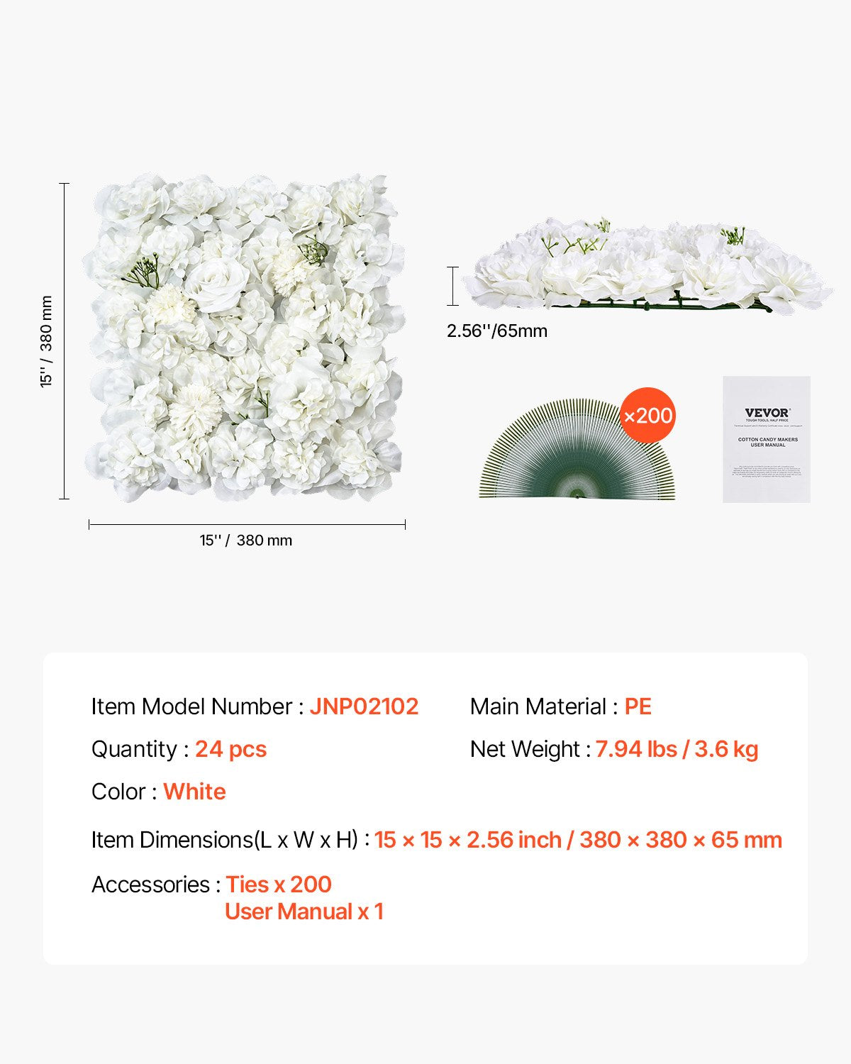 3D-blomväggpanel, 24 st 15 x 15 tum, konstgjord blomväggbakgrundsnätmatta, sömlös design och enkel installation för bröllop, alla hjärtans dag, hem, babyfest, bakgrundsdekor, vit