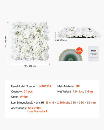 3D-blomväggpanel, 24 st 15 x 15 tum, konstgjord blomväggbakgrundsnätmatta, sömlös design och enkel installation för bröllop, alla hjärtans dag, hem, babyfest, bakgrundsdekor, vit