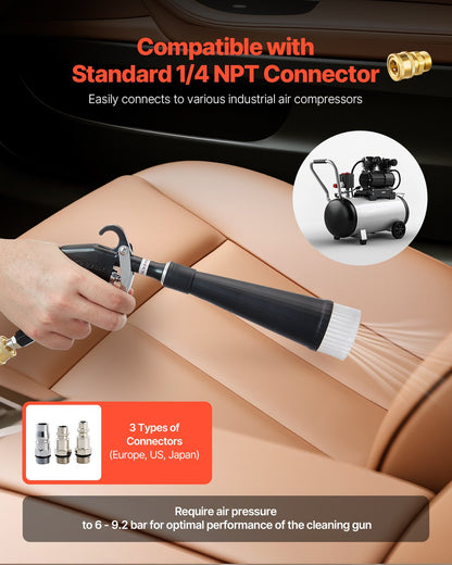 Car Cleaning Gun, 6-9.2 Bar High-Pressure Air Blow Gun with 2 Set Nozzles, 360° Rotating Nozzle for Complete Cleaning, Quickly Blasts Dirt and Dust from Surface, Work with 1/4 NPT Air Compressor