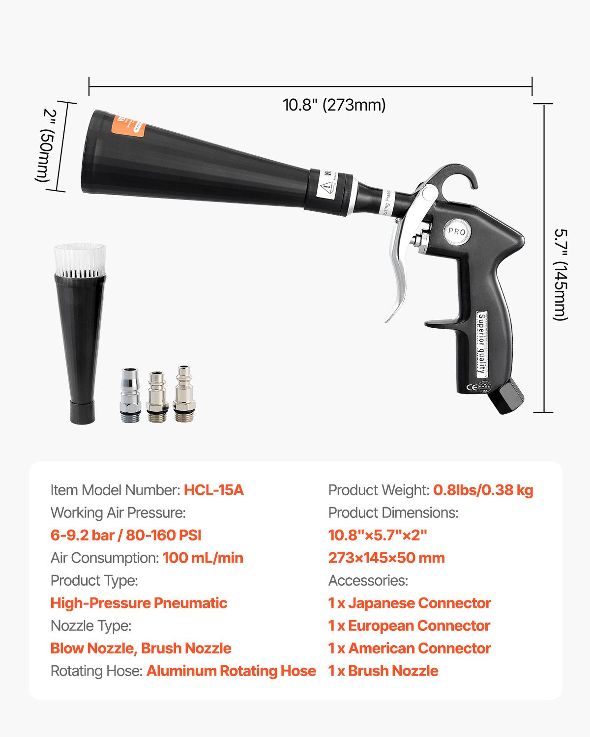 Car Cleaning Gun, 6-9.2 Bar High-Pressure Air Blow Gun with 2 Set Nozzles, 360° Rotating Nozzle for Complete Cleaning, Quickly Blasts Dirt and Dust from Surface, Work with 1/4 NPT Air Compressor
