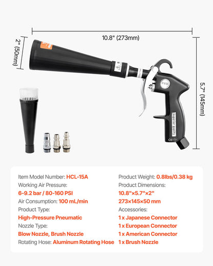 Car Cleaning Gun, 6-9.2 Bar High-Pressure Air Blow Gun with 2 Set Nozzles, 360° Rotating Nozzle for Complete Cleaning, Quickly Blasts Dirt and Dust from Surface, Work with 1/4 NPT Air Compressor