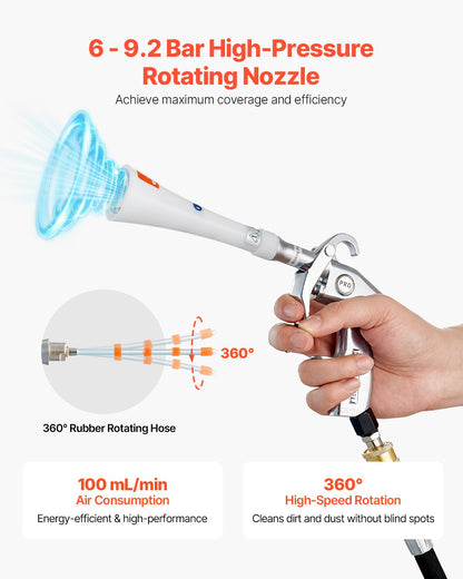 Car Cleaning Gun, 6-9.2 Bar High-Pressure Air Blow Gun with 2 Set Nozzles, 360° Rotating Nozzle for Thorough Cleaning, Quickly Blasts Dirt and Dust from Surface, Work with 1/4 NPT Air Compressor