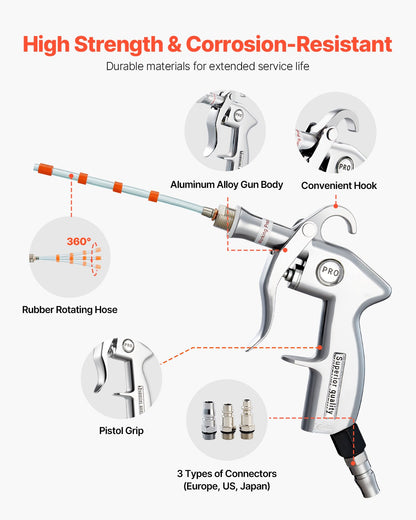 Car Cleaning Gun, 6-9.2 Bar High-Pressure Air Blow Gun with 2 Set Nozzles, 360° Rotating Nozzle for Thorough Cleaning, Quickly Blasts Dirt and Dust from Surface, Work with 1/4 NPT Air Compressor