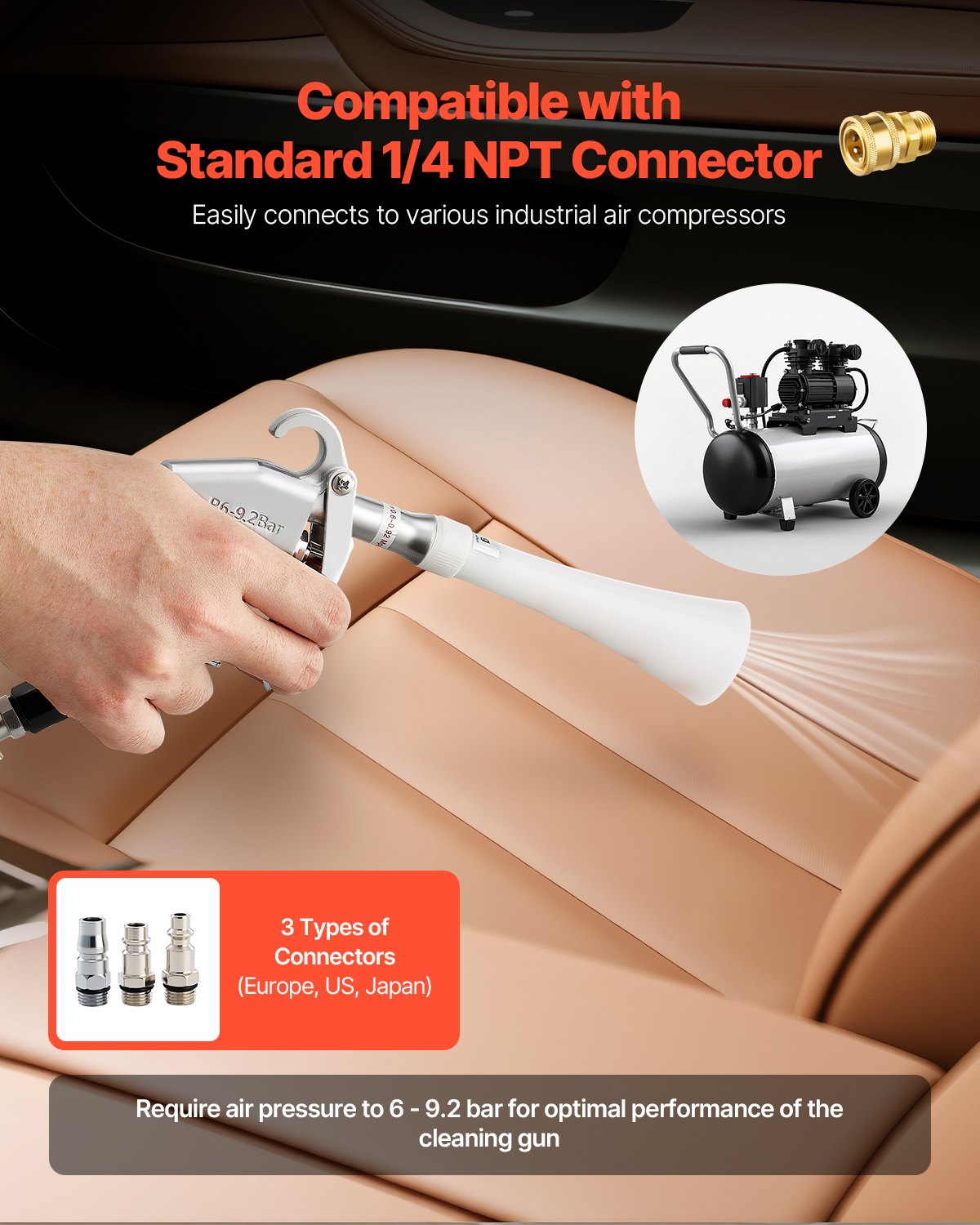 Car Cleaning Gun, 6-9.2 Bar High-Pressure Air Blow Gun with 2 Set Nozzles, 360° Rotating Nozzle for Thorough Cleaning, Quickly Blasts Dirt and Dust from Surface, Work with 1/4 NPT Air Compressor