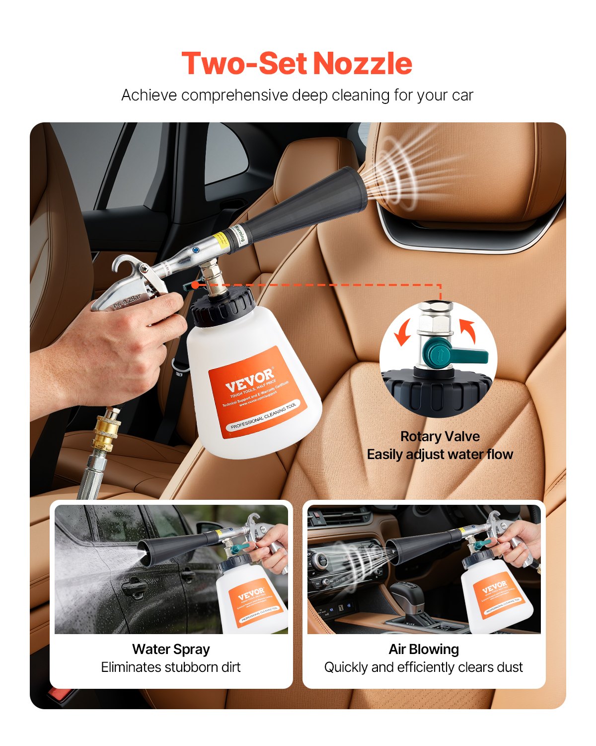 Car Cleaning Gun, 6-9.2 Bar High-Pressure Air Blow Gun with 2 Set Nozzles & 1L Liquid Bottle, Vortex Cleaning Gun, Quickly Blasts Dirt and Dust from Surface, Suitable for 1/4 NPT Air Compressor
