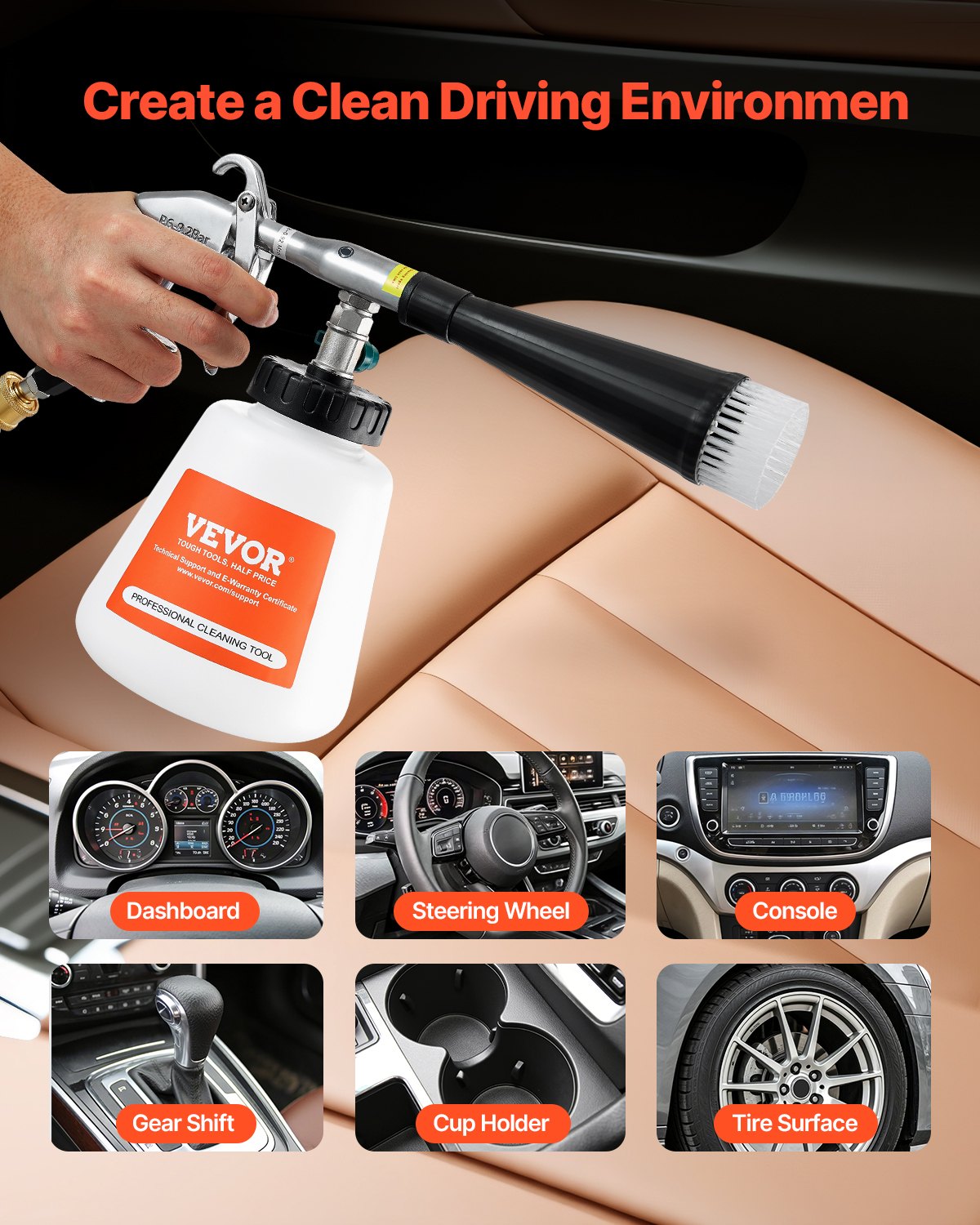 Car Cleaning Gun, 6-9.2 Bar High-Pressure Air Blow Gun with 2 Set Nozzles & 1L Liquid Bottle, Vortex Cleaning Gun, Quickly Blasts Dirt and Dust from Surface, Suitable for 1/4 NPT Air Compressor