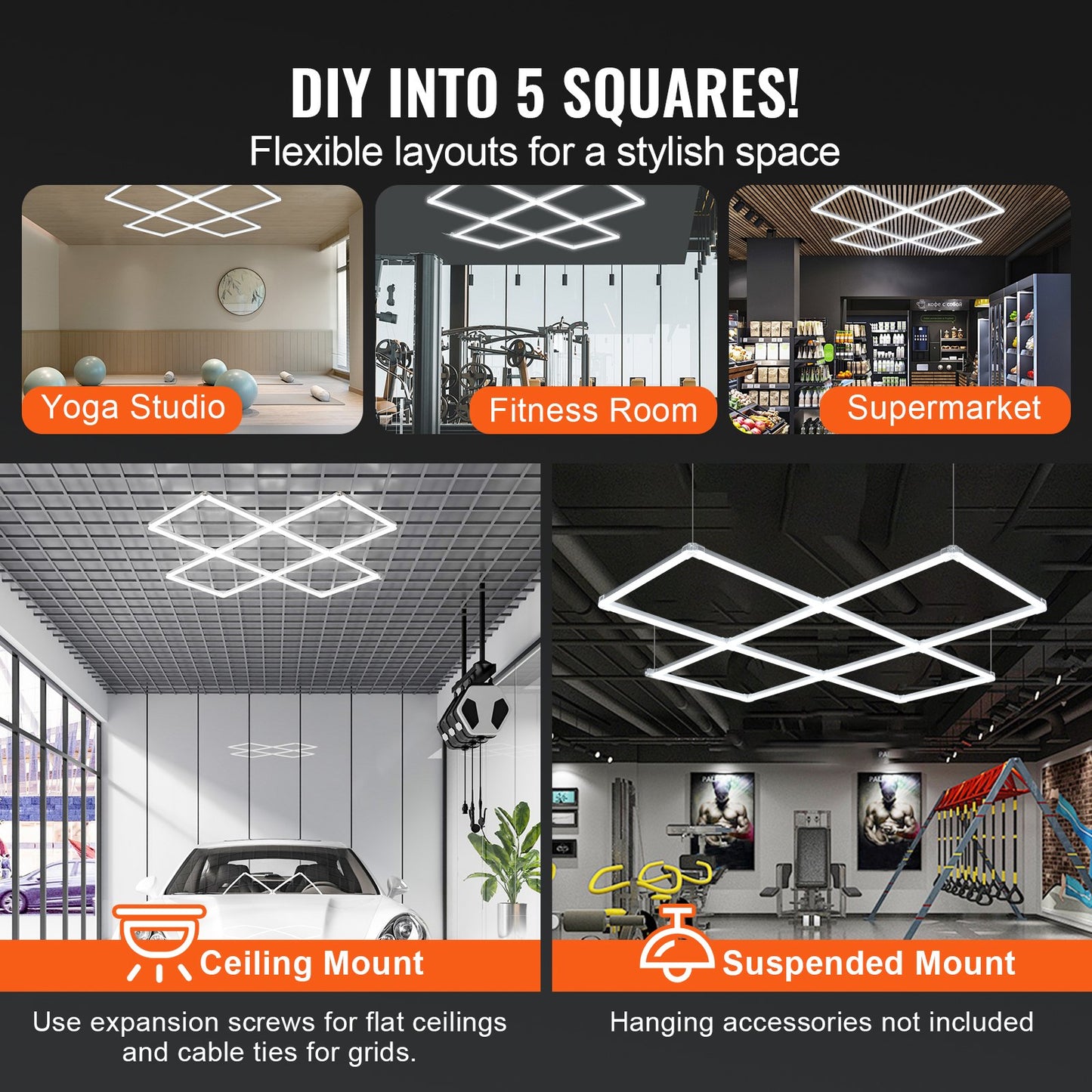 LED Garage Lights 22000LM, 6500K 5 Grid Systems Square Garage Ceiling Lights, DIY Cool White Car Detailing Garage Lighting Super Bright Shop Light for Basement Warehouse Auto Beauty Workshop