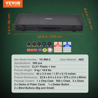 Poker Chip Set, 500-Piece Poker Set, Complete Poker Playing Game Set with Carrying Case, Heavyweight 14 Gram Casino Clay Chips, Cards, Buttons and Dices, for Texas Hold'em, Blackjack, Gambling