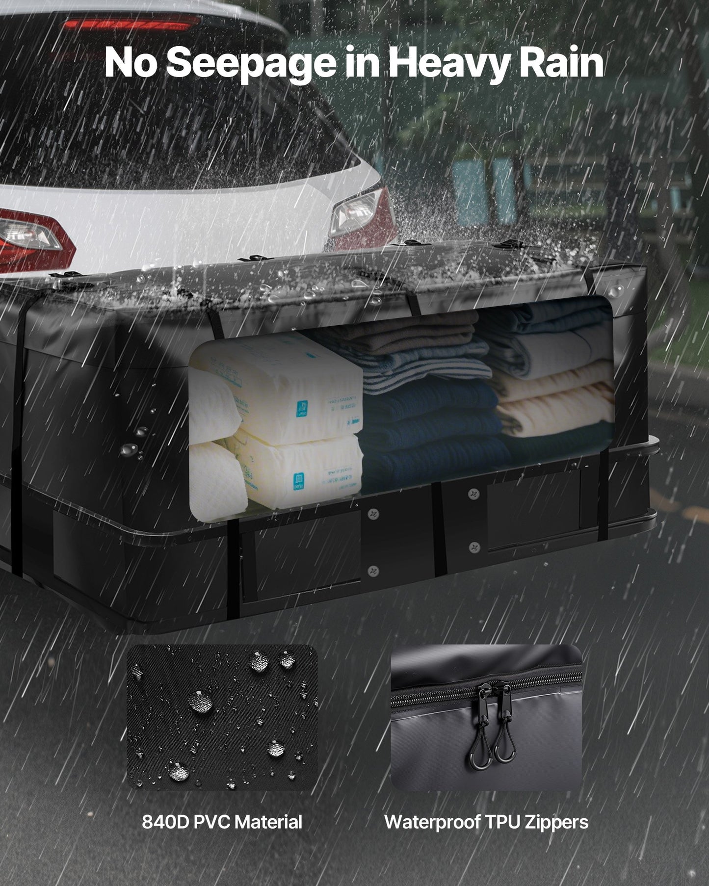 Bärväska för dragkrok, vattentät 840D PVC, 57,48 x 19,49 x 23,82 tum (16 kubikfot), kraftig lastväska för förvaring av lastbilsflak med förstärkta remmar, lämplig för bil, SUV, skåpbil, dragkrokskorg