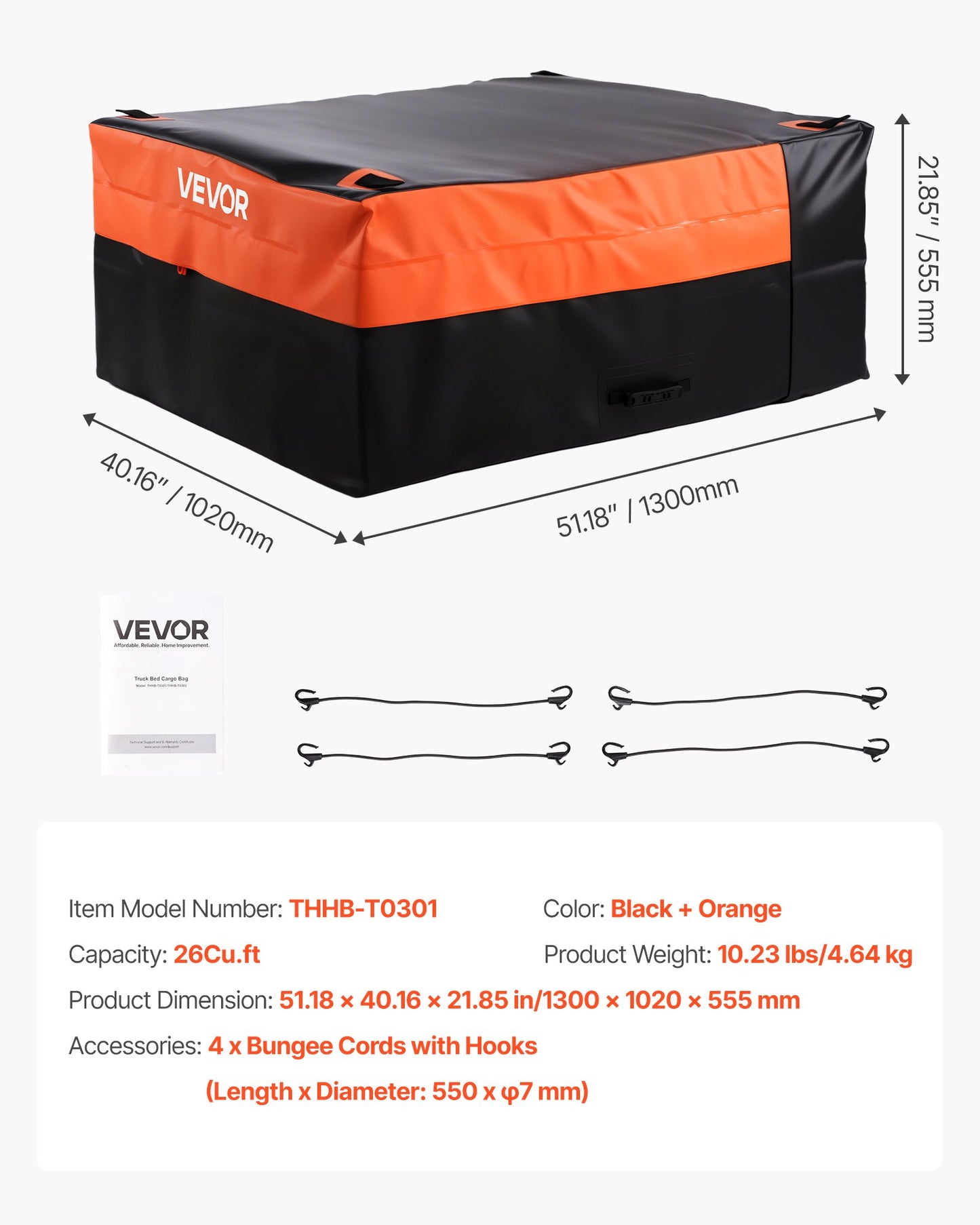 Truck Bed Cargo Bag, Waterproof 840D PVC, 51.18 x 40.16 x 21.85 in (26 Cubic Feet), Heavy Duty Cargo Bag for Truck Bed with 4 Bungee Cords with Hooks, Fits a Variety of SUV and Pickup Trucks