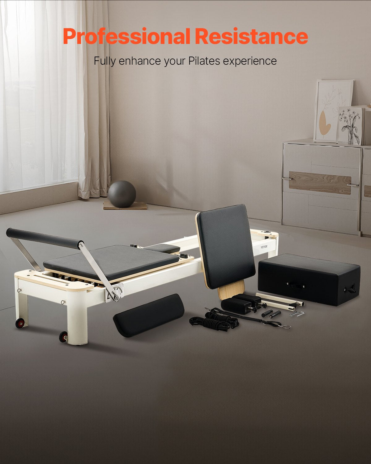 Pilates Reformer-maskin, pilatesbädd med sittlåda, för hemmagym, avancerade användare och nybörjare, Reformer-utrustning med dubbelt motstånd - fjäder och snöre, upp till 180 kg