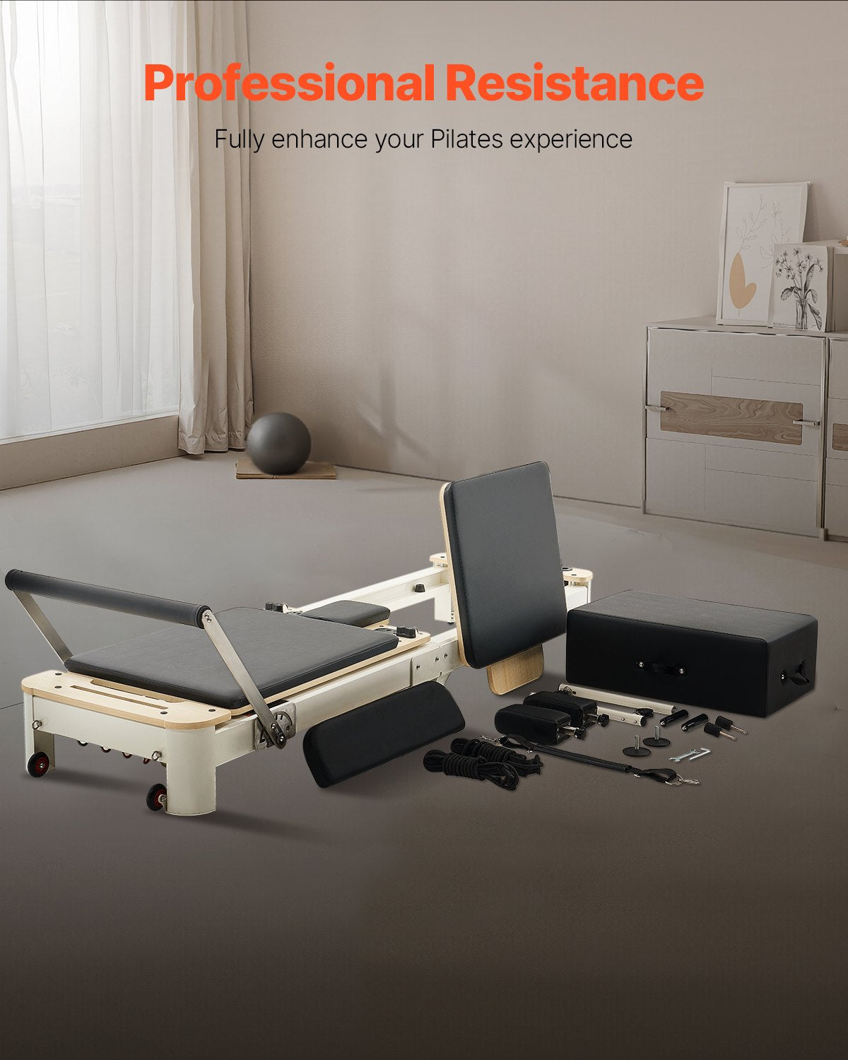 Foldable Pilates Reformer Machine, Reformer Set with Sitting Box, Pilates Bed with Dual Resistance- Spring & Cord, for Advanced Users & Beginners Home Gym Studio, Up to 400 LBS