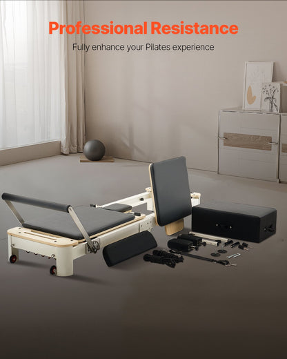 Foldable Pilates Reformer Machine, Reformer Set with Sitting Box, Pilates Bed with Dual Resistance- Spring & Cord, for Advanced Users & Beginners Home Gym Studio, Up to 400 LBS