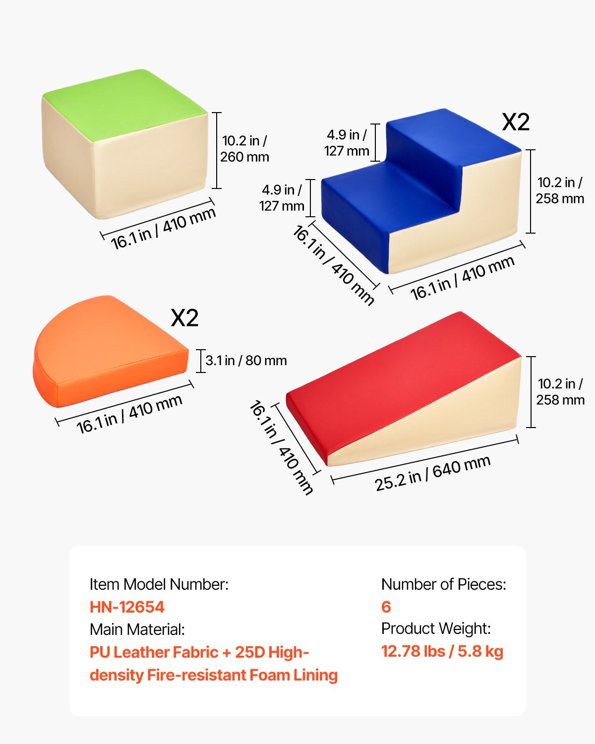 Climbing Toys, 6-Piece Set, Foam Climbing Toys for Toddlers 6 Months to 3 Years Old, PU Leather Climbing Blocks, Indoor Climb and Crawl Activity Playset for Crawling & Sliding, Easy to Clean
