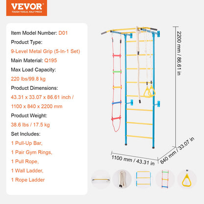 Inomhus klättergym för småbarn, 5-i-1 klätterlekset med svensk stege i kolstål, väggstege, pull-up-stång, repstege och gymnastikringar, stöder 220 lbs, flerfärgad