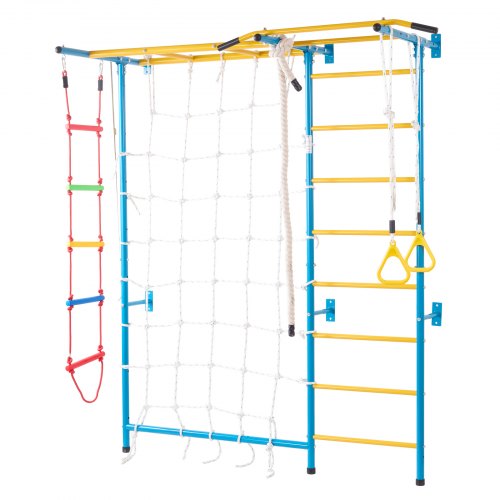 Indoor Jungle Gym for Toddlers, 7-in-1 Climbing Playset with Carbon Steel Swedish Ladder, Wall Ladder, Pull-Up Bar, Rope Ladder, and Gymnastic Rings, Supports 220 lbs, Multicolor