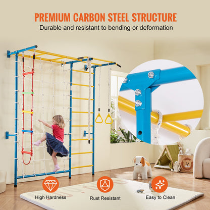 Indoor Jungle Gym for Toddlers, 7-in-1 Climbing Playset with Carbon Steel Swedish Ladder, Wall Ladder, Pull-Up Bar, Rope Ladder, and Gymnastic Rings, Supports 220 lbs, Multicolor