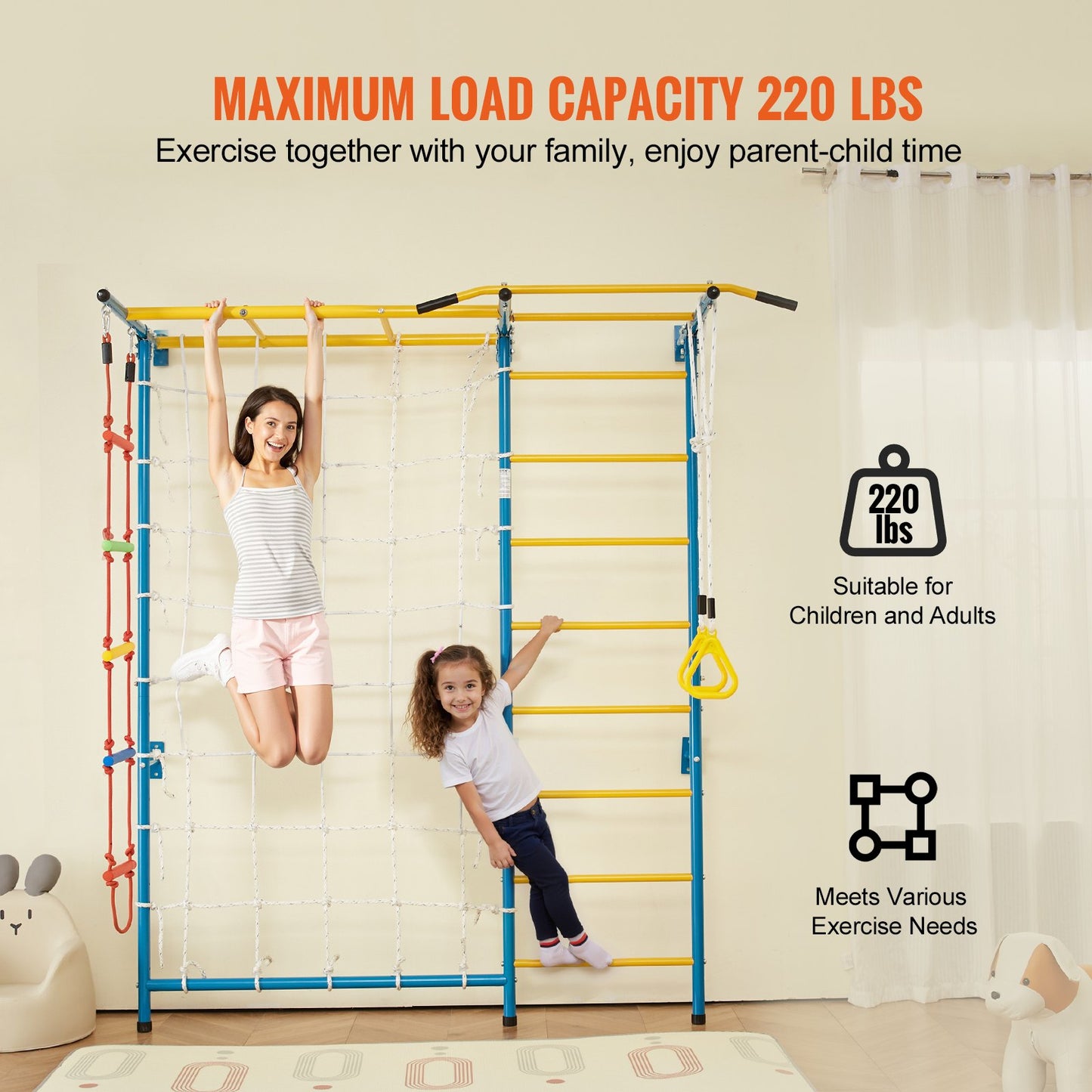 Indoor Jungle Gym for Toddlers, 7-in-1 Climbing Playset with Carbon Steel Swedish Ladder, Wall Ladder, Pull-Up Bar, Rope Ladder, and Gymnastic Rings, Supports 220 lbs, Multicolor