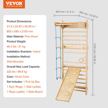 Swedish Ladder Wall Gym, 5 in 1 Wooden Indoor Playground Climbing Toys, 220 lbs Load Capacity Swedish Wall Ladder with Pull-Up Bar, Gymnastic Rings, Wall Ladder, Rope Ladder, and Slide Board
