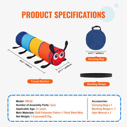 Kids Play Tunnel Tent for Toddlers, Colorful Pop Up Caterpillar Crawl Tunnel Toy for Baby or Pet, Collapsible Gift for Boy and Girl Play Tunnel Indoor and Outdoor Game, Multicolor