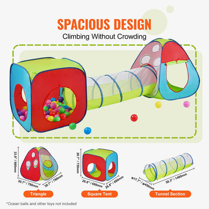 3-i-1-lekstält för barn med tunnel för pojkar, flickor, spädbarn och småbarn, popup-lekstuga för inomhus/utomhus med bärväska och remmar som födelsedagspresent, röd/gul/blå flerfärgad