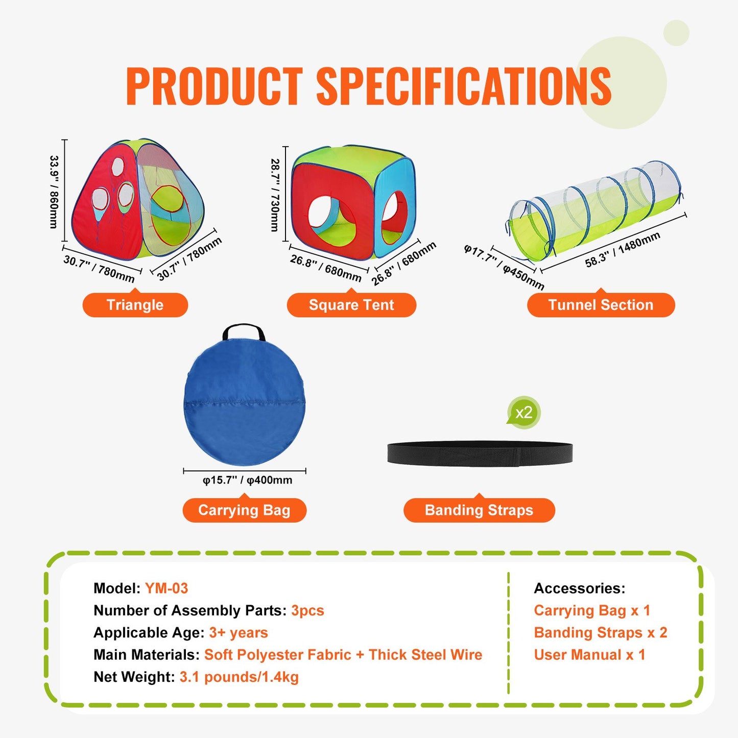3-i-1-lekstält för barn med tunnel för pojkar, flickor, spädbarn och småbarn, popup-lekstuga för inomhus/utomhus med bärväska och remmar som födelsedagspresent, röd/gul/blå flerfärgad